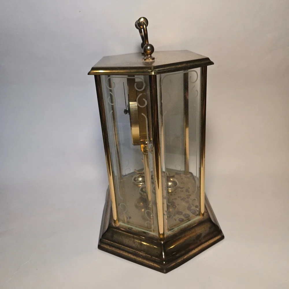 VTG Bulova Anniversary Clock Glass Gold Brass Rotating Pendulum Quartz‎ GERMANY